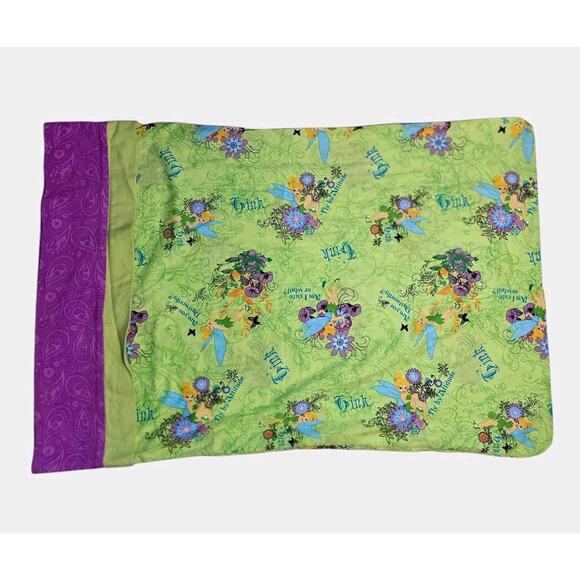 1Tinkerbell Pillowcase Standard 20x29 Fairy Tink Pixie Dust Flowers Green Purple - Picture 3 of 11